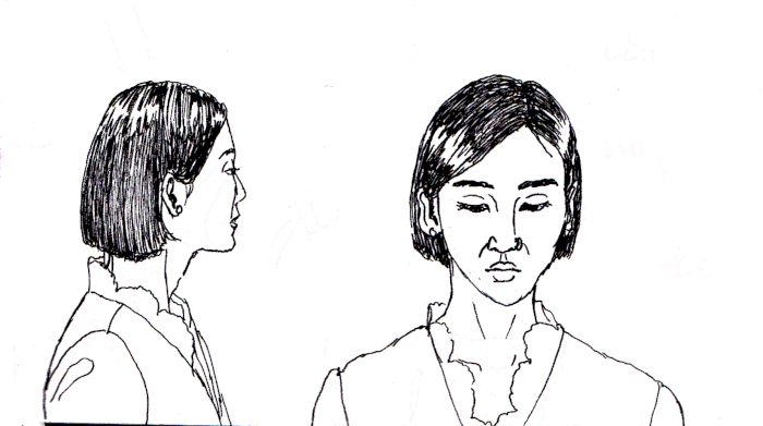 short-haired woman's face in profile and frontal view